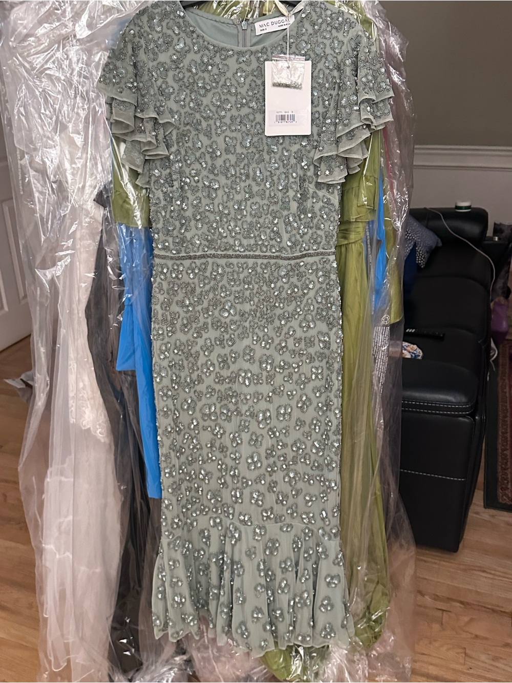 Mac Duggal Light Sage Beaded Midi Dress with Ruffle Sleeves